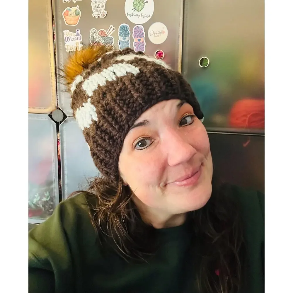Hand Knit Tilt A Whirl Beanie: Cozy Winter Hat with Faux Fur Pom